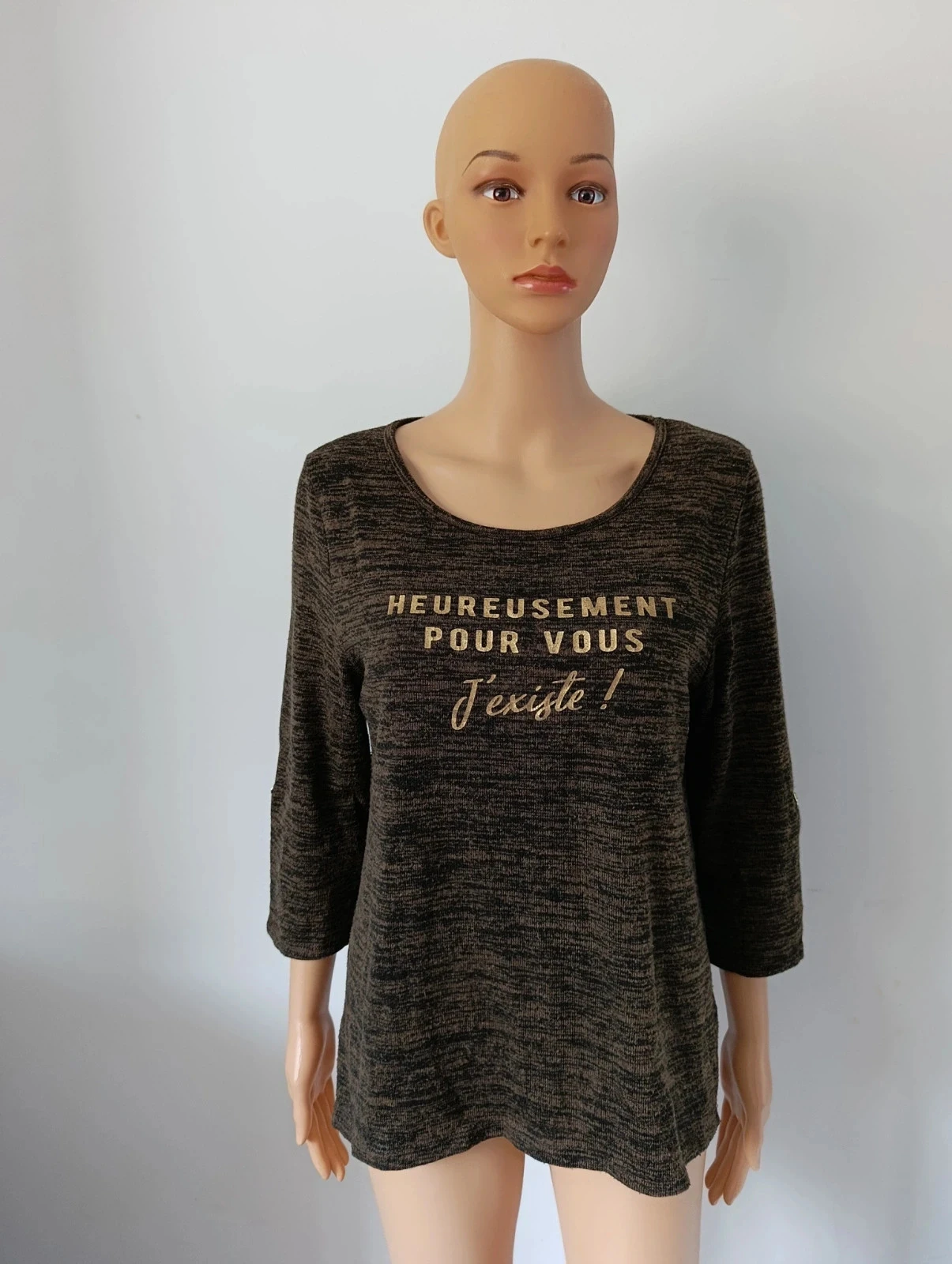 T-shirt La Halle femme L marron chiné manches 3/4 inscription dorée – photo 2